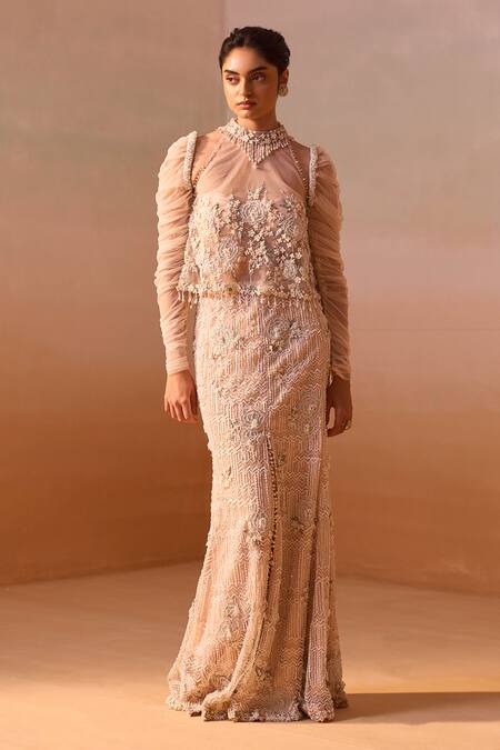 Buy_Nitika Gujral_Peach Net, Satin Pearls, Sequins, Beads, Stones High Embroidered Slit Skirt Set _Online_at_Aza_Fashions