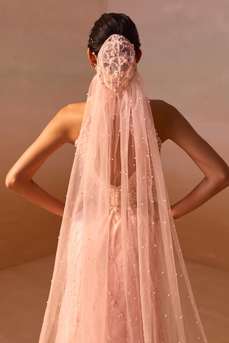 Buy_Nitika Gujral_Pink Organza, Net Pearls, Crystals, Sequins, Layered Embroidered Skirt Set _Online_at_Aza_Fashions