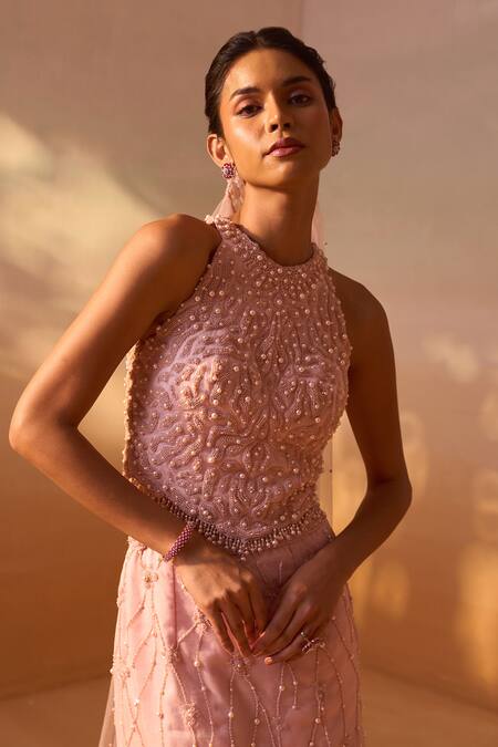 Shop_Nitika Gujral_Pink Organza, Net Pearls, Crystals, Sequins, Layered Embroidered Skirt Set _Online_at_Aza_Fashions