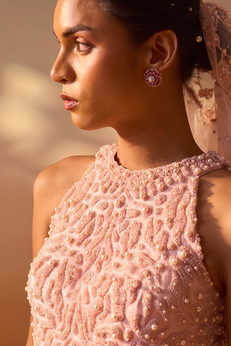 Nitika Gujral_Pink Organza, Net Pearls, Crystals, Sequins, Layered Embroidered Skirt Set _at_Aza_Fashions