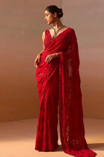 Nitika Gujral_Red Georgette, Satin Beads, Sequins, Cut Cutdana Embroidered Saree With Blouse _Online_at_Aza_Fashions