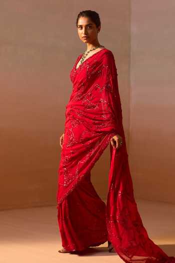 Buy_Nitika Gujral_Red Georgette, Satin Beads, Sequins, Cut Cutdana Embroidered Saree With Blouse _Online_at_Aza_Fashions