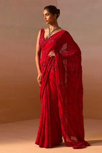 Shop_Nitika Gujral_Red Georgette, Satin Beads, Sequins, Cut Cutdana Embroidered Saree With Blouse _Online_at_Aza_Fashions