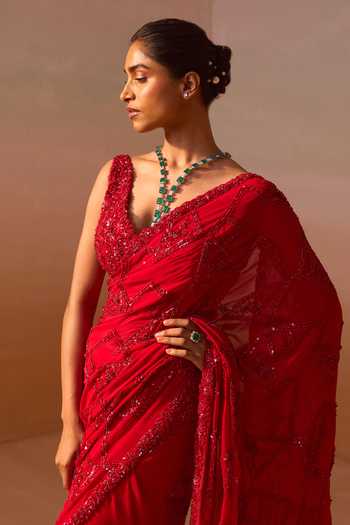 Nitika Gujral_Red Georgette, Satin Beads, Sequins, Cut Cutdana Embroidered Saree With Blouse _at_Aza_Fashions