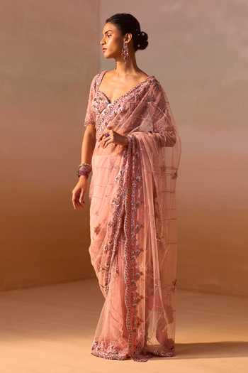 Nitika Gujral_Pink Net, Satin Sequins, Beads Sweetheart Metallic Embroidered Saree With Blouse _Online_at_Aza_Fashions