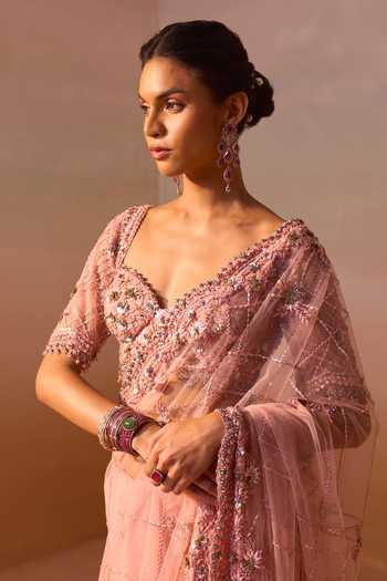 Buy_Nitika Gujral_Pink Net, Satin Sequins, Beads Sweetheart Metallic Embroidered Saree With Blouse _Online_at_Aza_Fashions