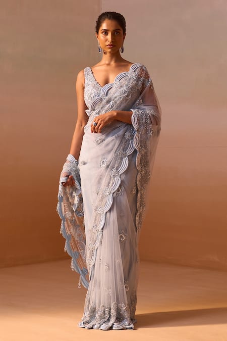 Nitika Gujral_Blue Net, Satin Sequins, Crystals Plunge Neck Embellished Saree With Blouse _Online_at_Aza_Fashions