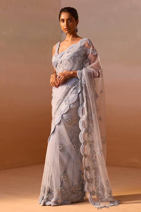 Buy_Nitika Gujral_Blue Net, Satin Sequins, Crystals Plunge Neck Embellished Saree With Blouse _Online_at_Aza_Fashions