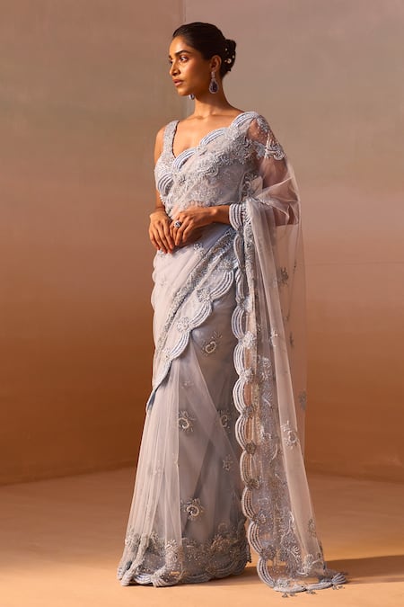 Shop_Nitika Gujral_Blue Net, Satin Sequins, Crystals Plunge Neck Embellished Saree With Blouse _Online_at_Aza_Fashions