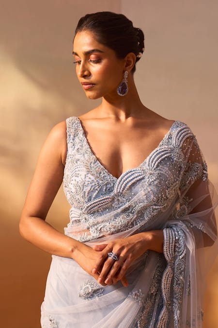 Nitika Gujral_Blue Net, Satin Sequins, Crystals Plunge Neck Embellished Saree With Blouse _at_Aza_Fashions