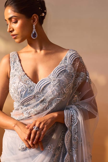Buy_Nitika Gujral_Blue Net, Satin Sequins, Crystals Plunge Neck Embellished Saree With Blouse 