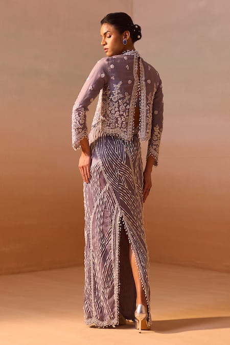 Shop_Nitika Gujral_Grey Organza, Lycra Pearls, Sequins, Crystals High Neck Embroidered Skirt Set _at_Aza_Fashions