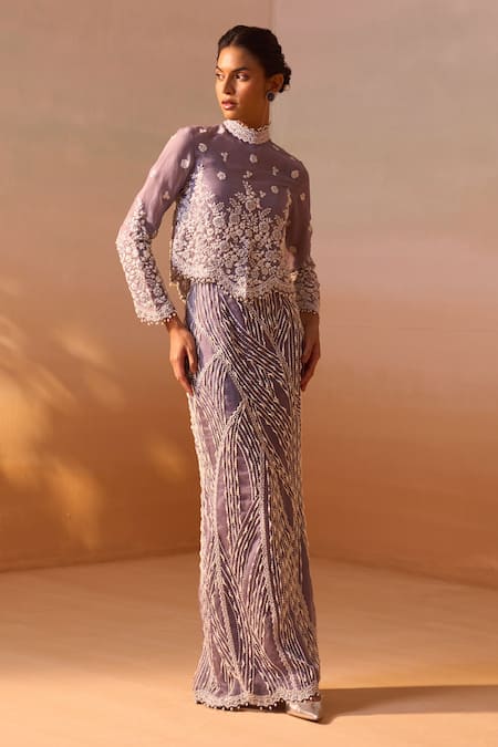 Nitika Gujral_Grey Organza, Lycra Pearls, Sequins, Crystals High Neck Embroidered Skirt Set _Online_at_Aza_Fashions