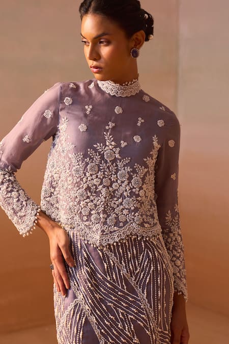 Buy_Nitika Gujral_Grey Organza, Lycra Pearls, Sequins, Crystals High Neck Embroidered Skirt Set _Online_at_Aza_Fashions