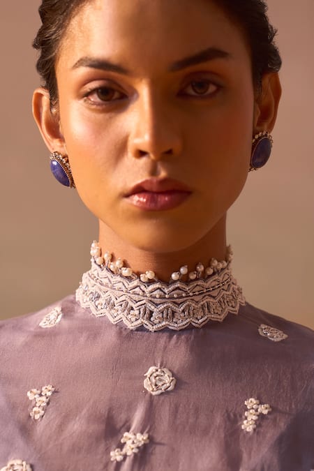 Shop_Nitika Gujral_Grey Organza, Lycra Pearls, Sequins, Crystals High Neck Embroidered Skirt Set _Online_at_Aza_Fashions