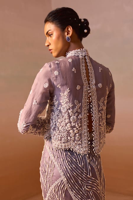 Nitika Gujral_Grey Organza, Lycra Pearls, Sequins, Crystals High Neck Embroidered Skirt Set _at_Aza_Fashions