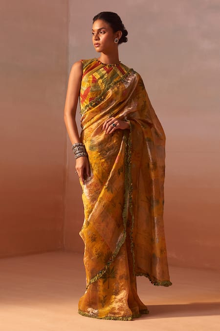 Nitika Gujral_Yellow Organza, Silk Beads Round Neck Tissue Embroidered Saree Set _Online_at_Aza_Fashions