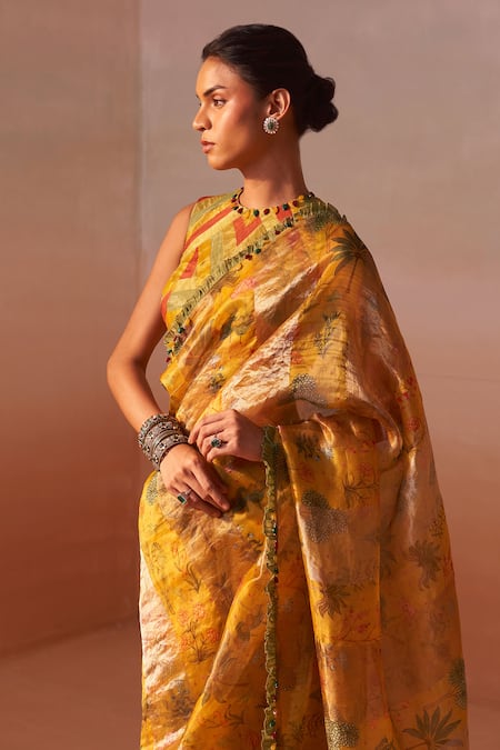 Buy_Nitika Gujral_Yellow Organza, Silk Beads Round Neck Tissue Embroidered Saree Set _Online_at_Aza_Fashions