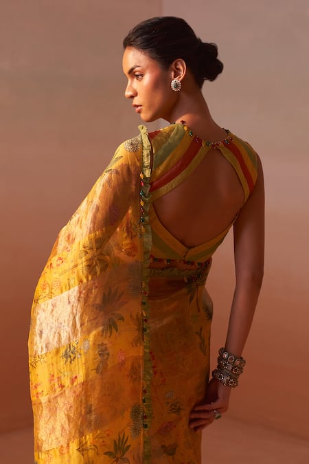 Shop_Nitika Gujral_Yellow Organza, Silk Beads Round Neck Tissue Embroidered Saree Set _Online_at_Aza_Fashions