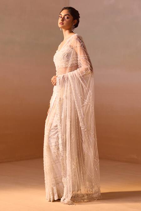 Nitika Gujral_White Net, Satin Sequins, Stones Sweetheart Swarovski Work Saree With Blouse _Online_at_Aza_Fashions