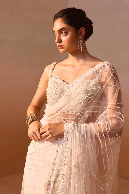 Buy_Nitika Gujral_White Net, Satin Sequins, Stones Sweetheart Swarovski Work Saree With Blouse _Online_at_Aza_Fashions