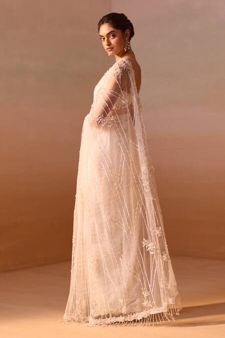 Buy_Nitika Gujral_White Net, Satin Sequins, Stones Sweetheart Swarovski Work Saree With Blouse 