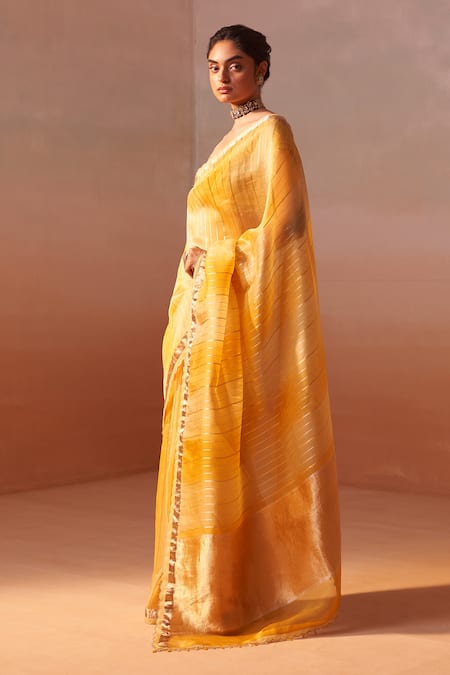 Nitika Gujral_Yellow Tissue, Organza Beads Saree With Blouse _Online_at_Aza_Fashions