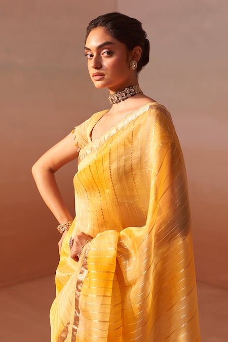 Buy_Nitika Gujral_Yellow Tissue, Organza Beads Saree With Blouse _Online_at_Aza_Fashions