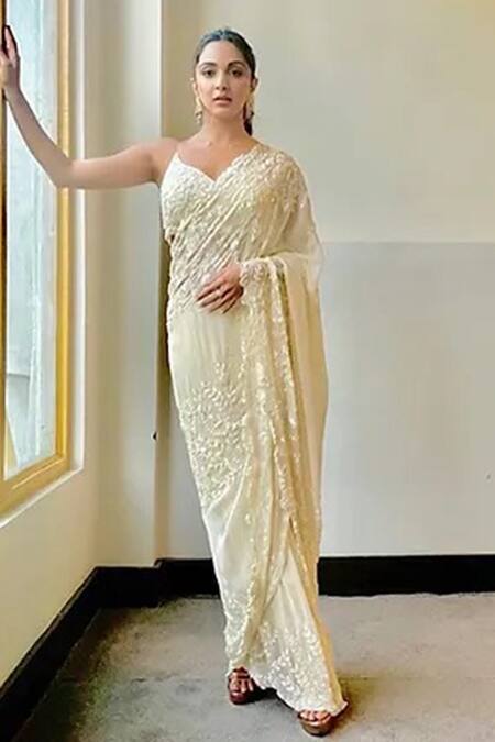 Buy_Premya By Manishii_White Georgette, Tulle Sequins, Embroidery Floral Jaal Saree With Blouse _Online_at_Aza_Fashions