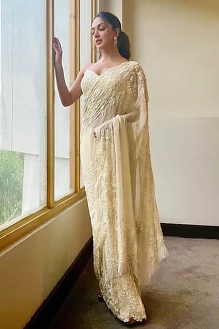 Shop_Premya By Manishii_White Georgette, Tulle Sequins, Embroidery Floral Jaal Saree With Blouse _Online_at_Aza_Fashions