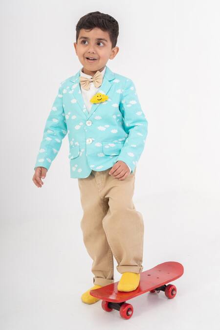 Buy_Tiber Taber_Blue Cotton Brooches Cloud Print Blazer With