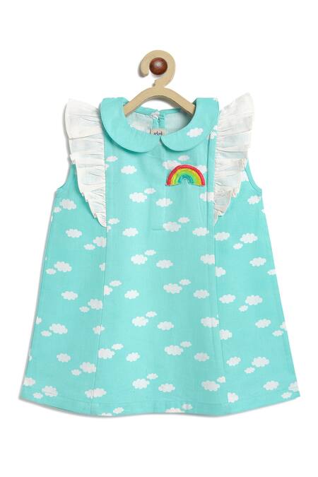 Tiber Taber_Blue Cotton Brooches, Embroidery Cloud Print Dress With _Online_at_Aza_Fashions