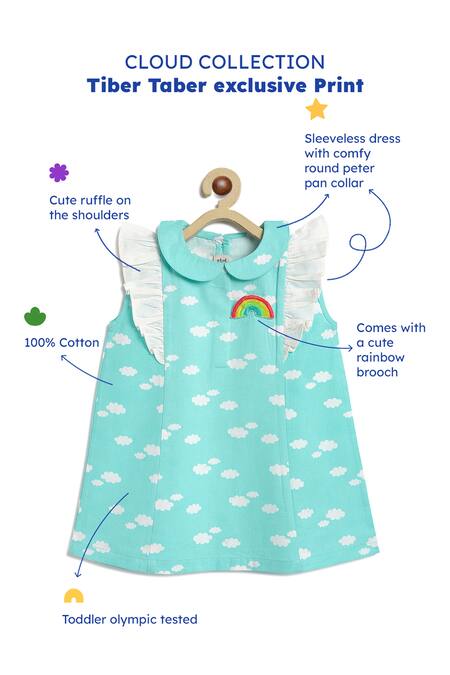 Shop_Tiber Taber_Blue Cotton Brooches, Embroidery Cloud Print Dress With _Online_at_Aza_Fashions