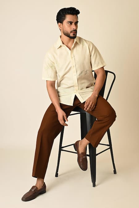 Shop_Paarsh_Cream Linen Embroidery Doodle Shirt _at_Aza_Fashions