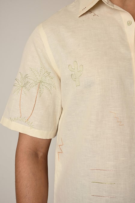 Shop_Paarsh_Cream Linen Embroidery Doodle Shirt _Online_at_Aza_Fashions