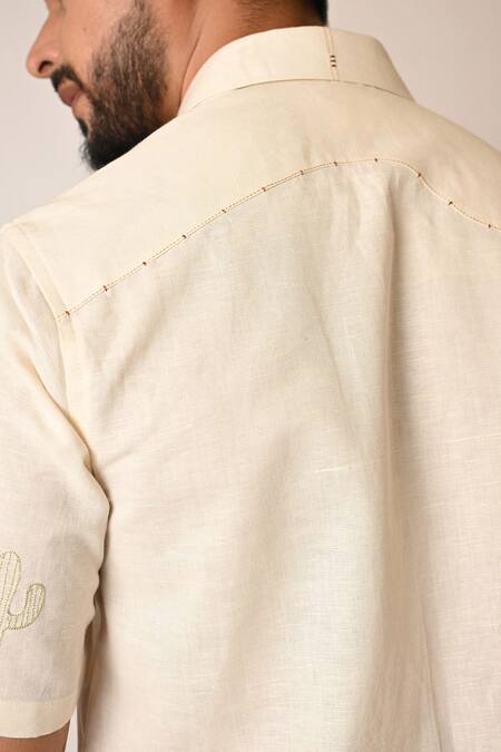 Paarsh_Cream Linen Embroidery Doodle Shirt _at_Aza_Fashions
