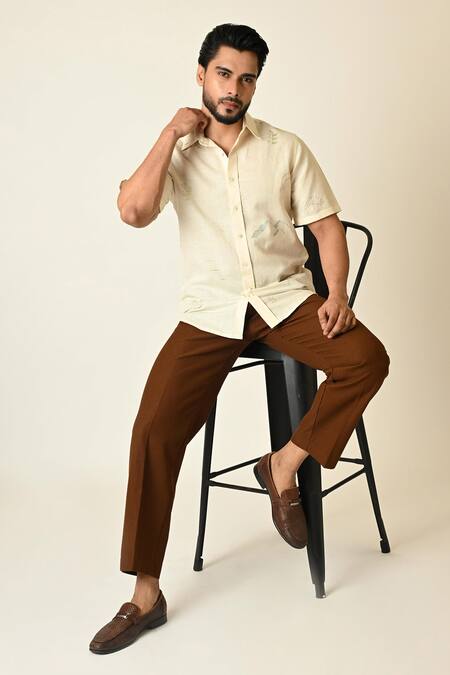 Buy_Paarsh_Cream Linen Embroidery Doodle Shirt 