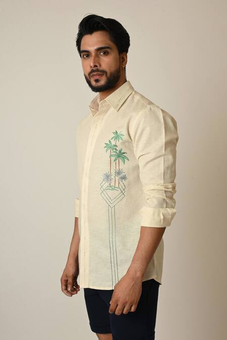 Paarsh_Cream Linen Embroidery Palm Tree Shirt _Online_at_Aza_Fashions