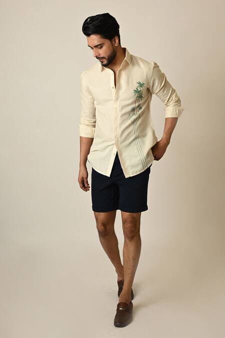 Shop_Paarsh_Cream Linen Embroidery Palm Tree Shirt _Online_at_Aza_Fashions