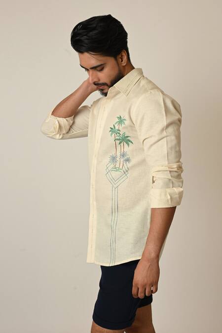 Paarsh_Cream Linen Embroidery Palm Tree Shirt _at_Aza_Fashions