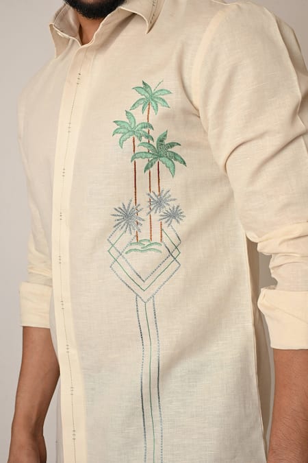 Shop_Paarsh_Cream Linen Embroidery Palm Tree Shirt 
