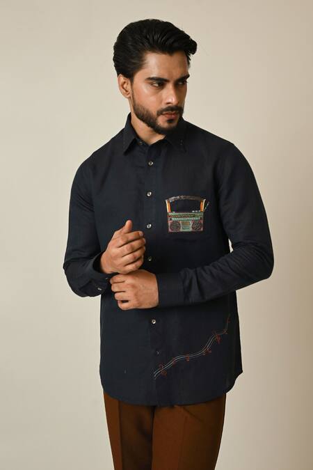 PAARSH Blue Linen Embroidery Radio Shirt Online at Aza Fashions PAARSH_Blue Linen Embroidery Radio Shirt _Online_at_Aza_Fashions