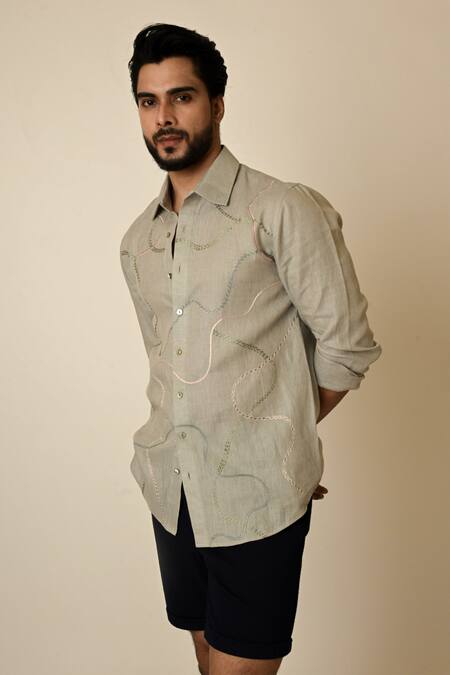 PAARSH_Grey Linen Embroidery Abstract Shirt _Online_at_Aza_Fashions