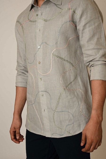 PAARSH_Grey Linen Embroidery Abstract Shirt _at_Aza_Fashions