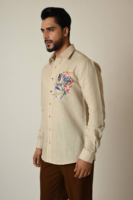 PAARSH_Beige Linen Embroidery Cross Hatching Shirt _Online_at_Aza_Fashions