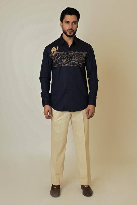 PAARSH_Blue Gingham Embroidery Camel Cactus Shirt _Online_at_Aza_Fashions