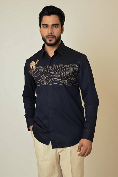 Buy_PAARSH_Blue Gingham Embroidery Camel Cactus Shirt _Online_at_Aza_Fashions