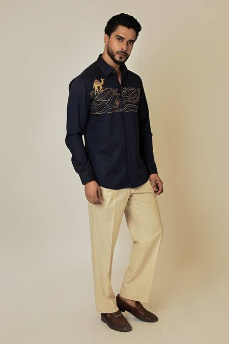 Shop_PAARSH_Blue Gingham Embroidery Camel Cactus Shirt _Online_at_Aza_Fashions