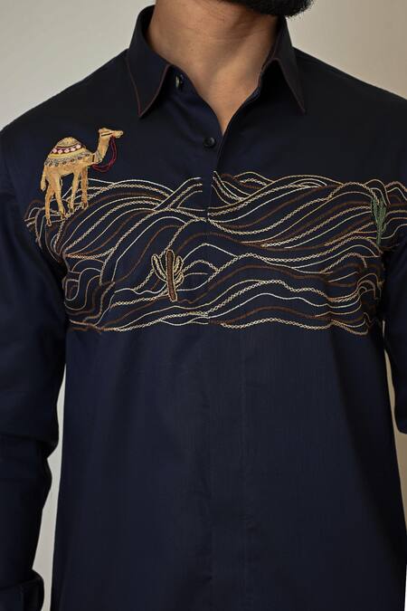 PAARSH_Blue Gingham Embroidery Camel Cactus Shirt _at_Aza_Fashions