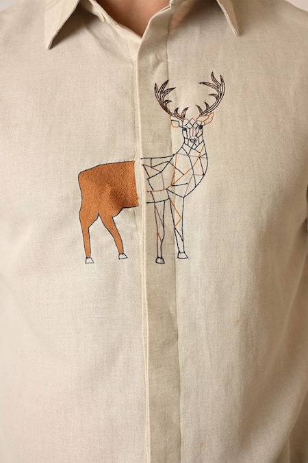 Paarsh_Cream Linen Embroidery Deer Shirt _Online_at_Aza_Fashions